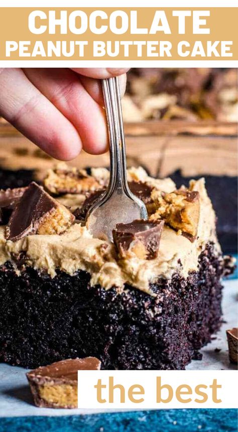 The BEST dessert combination: Chocolate and Peanut Butter! Ultra moist homemade chocolate cake with peanut butter frosting. This 9×13 cake recipe is a classic.   We often get requests for this chocolate peanut butter cake. And we’re happy to oblige because…1.) It’s easy…. and 2.) It’s one of our favorites too! Chocolate Peanut Butter Cake Recipe, Peanut Butter Cake Recipe, Hot Fudge Cake, Hot Chocolate Fudge, New Year's Desserts, Coconut Dessert, Chocolate Peanut Butter Cake, Single Serve Desserts, Butter Cake Recipe