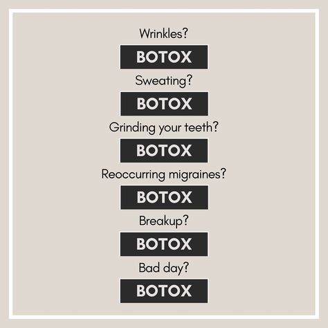 One product, MANY benefits! 💉 Botox injections can help with: • Relaxing wrinkle-causing muscles • Overactive sweat glands • TMJ, teeth grinding, jaw clenching • Reoccurring migraines • and building confidence! If you know, you know. And if you don’t, schedule a consultation with our Nurse Injector to learn more! 📲 … #woodinvillemedspa #botoxwoodinville #fillerwoodinville #woodinvilleinjector #seattlemedspa #botoxseattle #fillerseattle #seattleinjector Aesthetic Nurse Injector Aesthetic, Botox Captions, Botox Clinic Decor, Botox Instagram Post, Botox Posts For Instagram, Botox Quotes Posts, Med Spa Photoshoot, Injectables Aesthetic, Injector Room