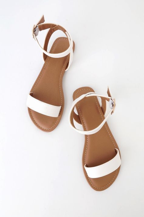 Hauna White Ankle-Strap Sandals Strap Sandals Flat, Pretty Sandals, Ankle Strap Sandals Heels, Womens Summer Shoes, Sandal Heels, Leather Slide Sandals, Cute Sandals, White Sandals, Fashion High Heels