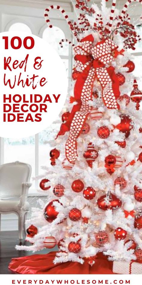 I found the 100 Best Red & White Holiday Home Decor Ideas ilke Christmas Tree Decorations, fireplace & mantel or mantle decor ideas. Many are minimailst and simple and easy DIY. There are ornaments, wreaths, tree skirts, candy canes, ribbons, and so much more. #redandwhitedecor #redandwhitehomedecor #redandwhitechristmas #redandwhiteholidaydecor #redandwhitechristmasdecor White Candy Christmas Tree, White Christmas Decorations Ideas, White Christmas Tree With Red, Red And White Christmas Decorations, Red White Christmas Decor, White Christmas Decorations, White Christmas Tree Decorations, Tree Decorations Diy, Christmas Tree Decorated