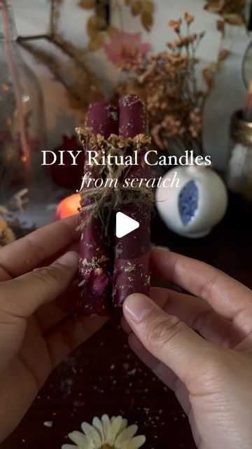 Diy Witch Candles How To Make, How To Make Herb Rolled Candles, Mullein Candle Diy, Rolled Candles Diy, Making Spell Candles, How To Make Spell Candles, Making Taper Candles, Diy Ritual Candles, Witch Candles Diy