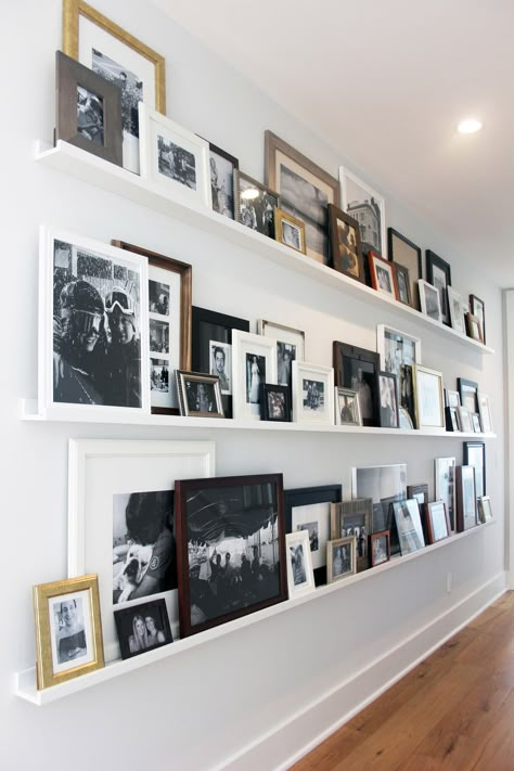 Gallery Shelves White Photo Ledge, Gallery Wall Of Photos, Mantle Picture Frames, Mantle With Picture Frames, Floating Photo Shelves, Floating Shelves For Pictures, Picture Frames On Mantle, Picture Shelves Living Room, Hallway Collage