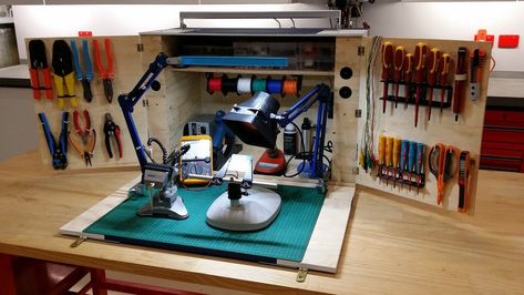 Electronics Workspace, Electronics Bench, Electronics Workbench, Workstation Ideas, Portable Workstation, Pvc Conduit, Portable Workbench, Electronic Workbench, Electronics Workshop