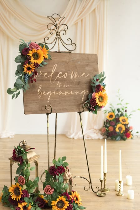 Sunflower Wedding Decorations, Rustic Sunflower Wedding, Flower Sign, Sunflower Centerpieces, Sunflowers And Roses, Sunflower Themed Wedding, Large Flower Arrangements, Handmade Bouquets, Wedding Arch Flowers