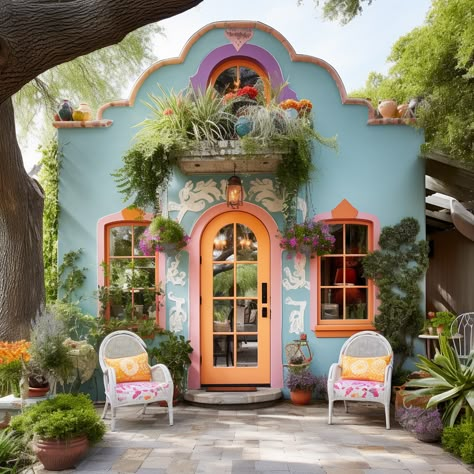 Bright Home Exterior, Artsy Houses Exterior, Colorful Homes Exterior, Multi Color House Exterior, Vibrant Exterior House Colors, Funky House Exterior, Colourful House Exterior, Colorful Exterior House, Unique House Colors Exterior