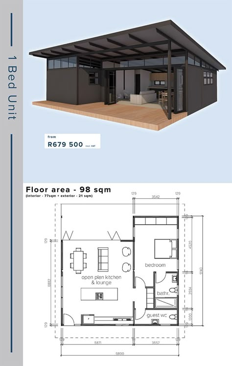 New Yorker Homes - 1 Bedroom - SM Structures | Gauteng Small House Architecture, Small House Floor Plans, A Small House, House Construction Plan, Model House Plan, House Layout Plans, Small House Design Plans, Container House Plans, Container House Design