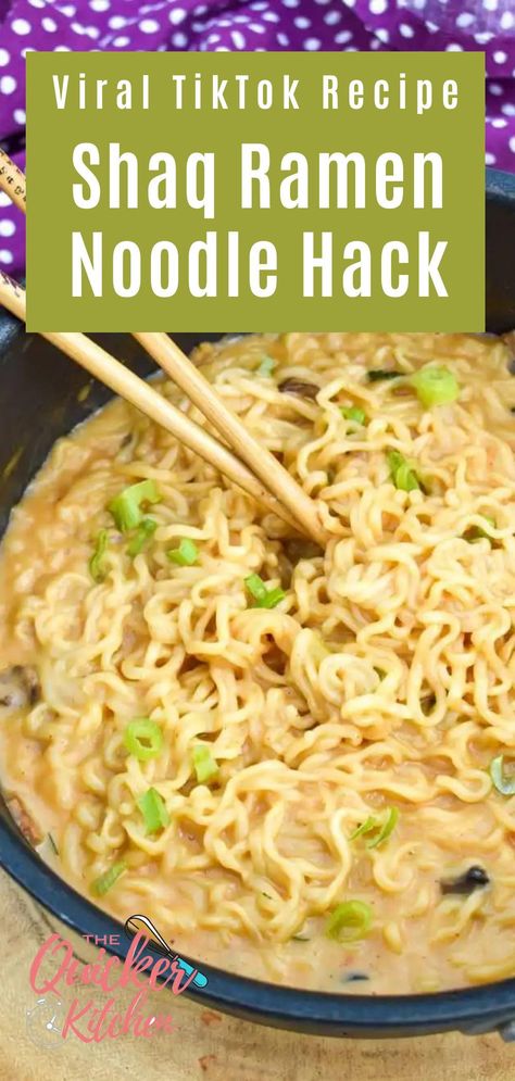 This Shaq ramen noodle hack turns the basketball legend’s Alfredo ramen into a copycat version with much fewer ingredients. This viral TikTok recipe will have you enjoying creamy smack ramen with ease anytime you want it! View this super easy recipe at thequickerkitchen.com. Ramen Noodles In Waffle Iron, Ramen Corn Chowder, Viral Tik Tok Ramen Recipe, Ramen In The Crockpot, Homemade Ramen Noodle Soup, Meatball Ramen Noodle Recipes, Ramen Noodle Recipes For One, Bbq Ramen Noodle Recipes, Bacon Ramen Noodle Recipes