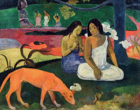 "Arearea" is a famous painting by the French post-Impressionist artist Paul Gauguin, created in 1892 during his first stay in Tahiti. The title "Arearea" translates to "joyfulness" in Tahitian, and the painting beautifully encapsulates this theme with vibrant colors and dynamic composition. The artwork features two Tahitian women and a small dog in the foreground, set against a lush backdrop of tropical vegetation. One of the women is seated and appears to be playing a musical instrument, wh... Decorative Canvas, Francisco Goya, Impressionist Artists, Camille Pissarro, Marc Chagall, Henri Rousseau, Paul Gauguin, Post Impressionism, Red Dog