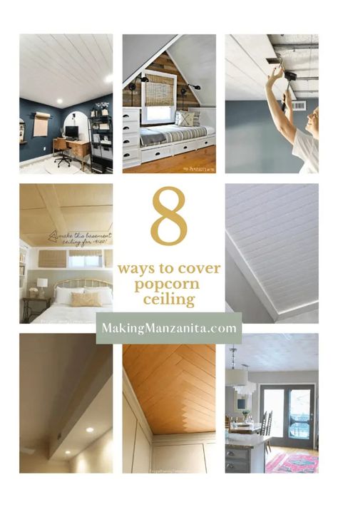 If you have heavily textured or popcorn ceilings, try covering them instead of removing them! You’ll have an updated look you can be proud of. Try one of these 8 creative ways to cover your popcorn ceilings. Ways To Cover Popcorn Ceiling, Remove Textured Ceiling, Cover A Popcorn Ceiling, Cover Popcorn Ceiling, Styrofoam Ceiling Tiles, Covering Popcorn Ceiling, Removing Popcorn Ceiling, Modern Ranch House, Installing Shiplap