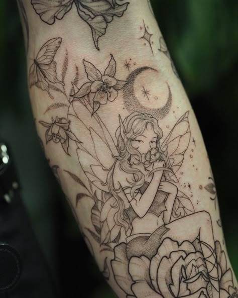 Whimsical Tattoo Arm Sleeve, Peony Fairy Tattoo, Fairy In Garden Tattoo, Fineline Patchwork Tattoo Sleeve, Magical Forest Tattoo Sleeve, Fairy Themed Tattoo Sleeve, Faerie Tattoo Sleeve, Fairy Nature Tattoo, Fairy Flowers Tattoo