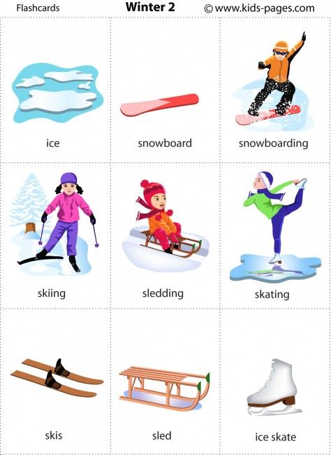 Winter Sports Preschool, Winter Words, Learning English For Kids, Winter Activities For Kids, Flashcards For Kids, Kids Pages, English Vocab, Printable Flash Cards, English For Kids