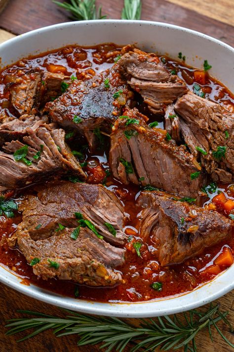 A slow braised Italian style pot roast in a tasty tomato sauce. Italian Pot Roast, Roast Beef Recipes, Pot Roast Recipes, White Bowl, Beef Recipes Easy, Freezer Friendly, Beef Recipes For Dinner, Beef Dinner, Roast Recipes