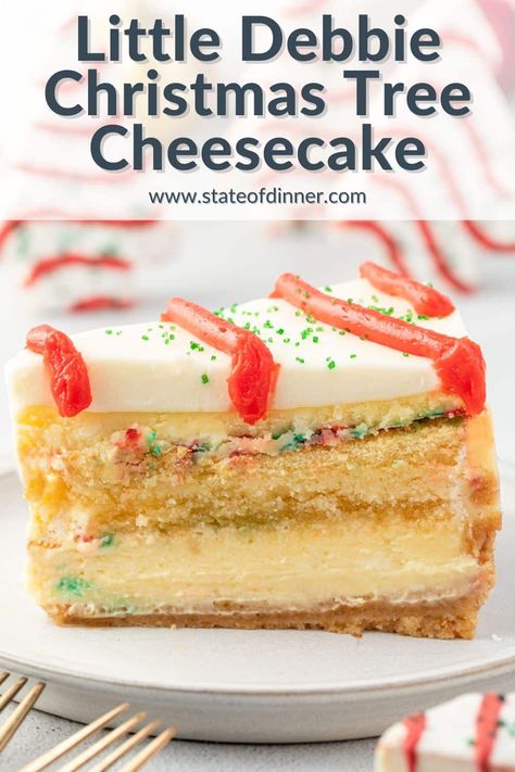 This Little Debbie Christmas Tree Cheesecake has a creamy vanilla cheesecake filling with whole Little Debbie Christmas tree cakes baked right in the center. The impressive presentation is matched by its incredible taste, making this the perfect Christmas dessert! Little Debbie Christmas Tree Snack Cake Cheesecake, No Bake Christmas Tree Cheesecake, Little Debbie Christmas Cheesecake, Christmas Tree Cake Recipe Ideas, Christmas Tree Cheesecake Little Debbie, Little Debbie Cheesecake, Christmas Tree Cheesecake Recipe, Christmas Tree Cake Cheesecake, Little Debbie Christmas Tree Cheesecake