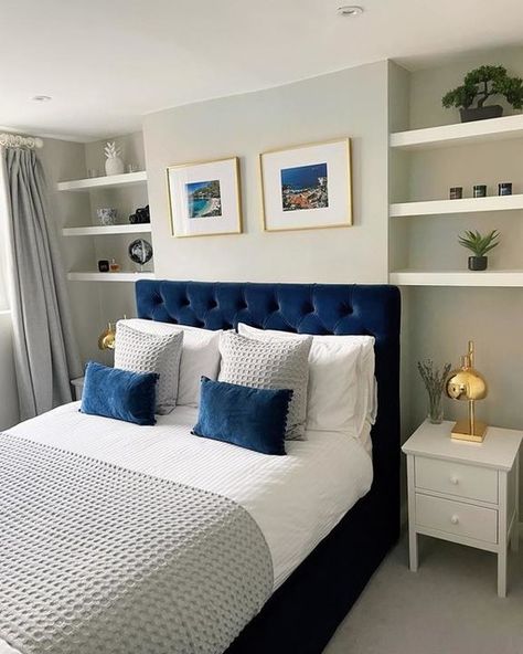 Blue Headboard Bedroom Decor, Bedroom Ideas Blue Bedframe, Blue Bed Interior, Bedrooms With Blue Headboards, Cozy Bedroom Blue Bed, Room With Blue Bed, Bedding For Blue Headboard, Dark Blue Bed Frame Bedroom Ideas, Bedroom Ideas Blue Bed