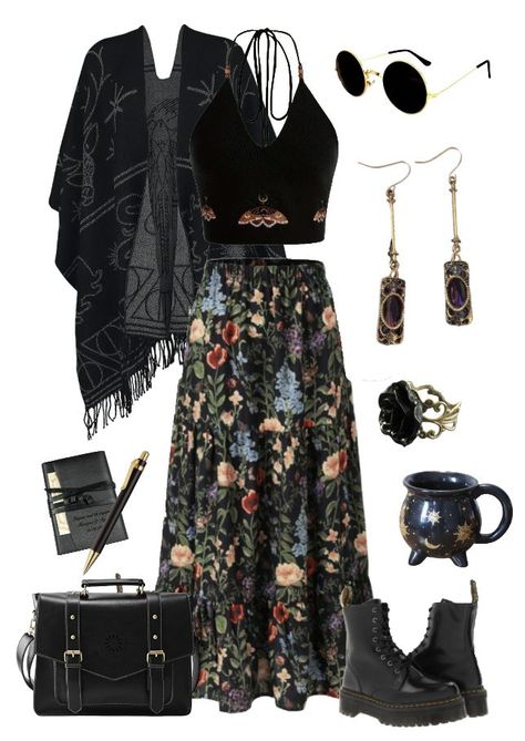 Witchy Vibes Outfit Modern, Witchy Earthy Aesthetic, Emo Boho Outfit, Bog Witch Aesthetic Outfit, Hecate Outfits, Witch Summer Outfit, Psychic Outfit, Grunge Witch Aesthetic, Wiccan Outfits