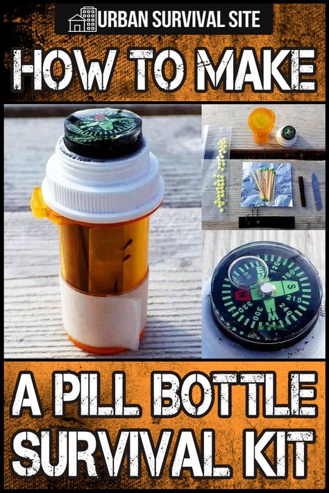 A pill bottle survival kit is highly portable and so easy to carry, there’s little excuse for not taking it with you. Pill Bottle First Aid Kit, Kids Survival Kit, Medicine Bottle Crafts, Survivor Kit, Pill Bottle Crafts, Survival Prepping Diy, Medicine Kit, Shtf Preparedness, Pill Bottle