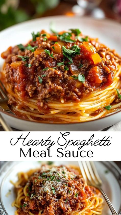 Enjoy a classic Italian favorite with this Hearty Spaghetti Meat Sauce. Rich in flavor, it combines ground beef, fresh tomatoes, and Italian herbs to create the perfect pasta sauce. A great option for easy, cozy family dinners. Hearty Meat Sauce, Ground Beef Pasta Sauce Recipes, Spaghetti Sauce With Pork Chops, Meat Sauce With Vegetables, Pasta And Meat Sauce Recipe, Recipe Spaghetti Sauce, Clean Eating Spaghetti Sauce, Hearty Spaghetti Sauce, Traditional Italian Meat Sauce