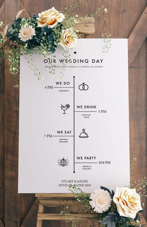 We Do We Drink We Eat We Party Sign, Easy Wedding Decorations, Newspaper Theme, Wedding Program Sign, Wedding Timeline Template, Timeline Template, Rustic Wedding Decorations, Modern Wedding Decor, Printable Wedding Sign