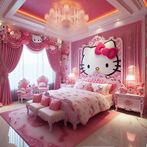 Hello Kitty Mansion, Hello Kitty Comforter, Pink Room Hello Kitty, Hello Kitty Teen Room, Hello Kitty House Decor, Pink Hello Kitty Bedroom, Hello Kitty Aesthetic Room, Cama Da Hello Kitty, Hello Kitty Living Room