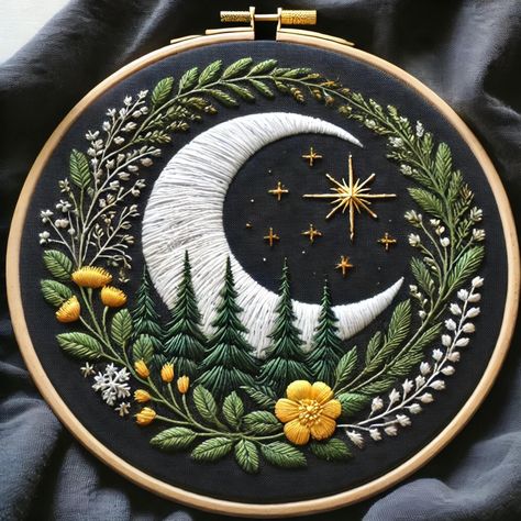 Get our WHOLE SHOP BUNDLE and enjoy every design at a fraction of the price     https://www.etsy.com/ca/listing/1787068164/ Introducing the *Flower Moon Embroidery Pattern*, a stunning digital embroidery design perfect for both beginner embroidery enthusiasts and experienced stitchers!  This simple embroidery pattern blends the beauty of floral embroidery with a serene moon embroidery motif, creating a peaceful and magical scene.  With easy-to-follow instructions, this PDF embroidery download is Mystical Embroidery Designs, Dark Fabric Embroidery, Popular Embroidery Designs, Cottage Core Embroidery Designs, Embriodary Flowers, Embroidery Tree Of Life, Dandelion Embroidery Tutorial, Fantasy Embroidery Pattern, Home Decor Embroidery Ideas