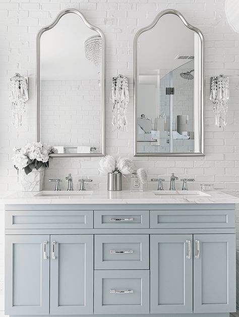 27 Blue Bathroom Ideas [With Pictures] White Blue Bathroom Ideas, Blue And White Primary Bathroom, New Ravenna Bathroom, Master Bath Colorful, Hall Bathroom Remodel Ideas, Blue White Powder Room, Pale Blue Bathroom Cabinets, Light Blue Bathroom Vanity Ideas, Elegant Bathroom Ideas Luxury