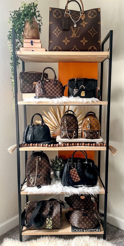 Handbag Display Ideas Bedrooms, Shelf For Purses Handbag Storage, Organized Purse And Bags, Purse Bookshelf, Shoe And Purse Display, Purse Shelf Display, How To Display Purses, Purse And Shoe Organization, Bag Hanging Ideas