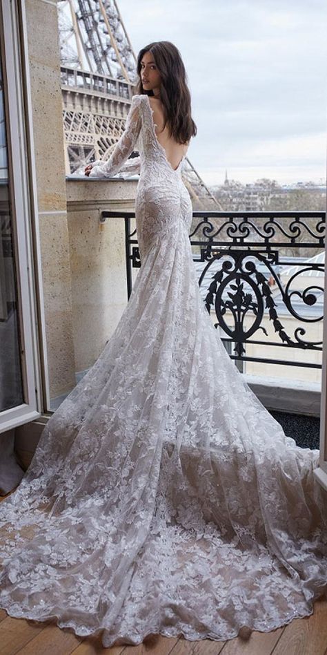 low back wedding dresses mermaid with long sleeves lace embelishment train julie vino Wedding Dress Low Back, Back Wedding Dress, Dream Wedding Ideas Dresses, Backless Wedding, Fair Lady, Western Wedding, Long Sleeve Wedding, Backless Wedding Dress, Long Wedding Dresses