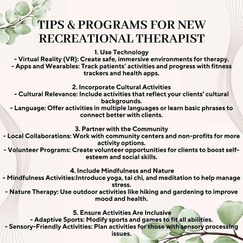 By integrating these unique ideas into your practice, you can enhance the effectiveness of your recreational therapy programs and create a more engaging and supportive environment for your clients #recreation #rectherapist #recreationtherapist #rectherapy #recreationaltherapy #therapeuticrecreation #ctrs #rectherapylife #mentalhealth #holistichealth #positiveaging #positivethinking #postivequotes #seniorliving #caretaker #activitydirector #selfcare #changequotes #nursing #inclusion #activity... Animal Assisted Therapy Activities, Recreation Therapy Activities, Recreation Therapist, Wilderness Therapy, Recreational Therapist, Recreational Therapy, Therapeutic Recreation, Psychology Notes, Athletic Attire