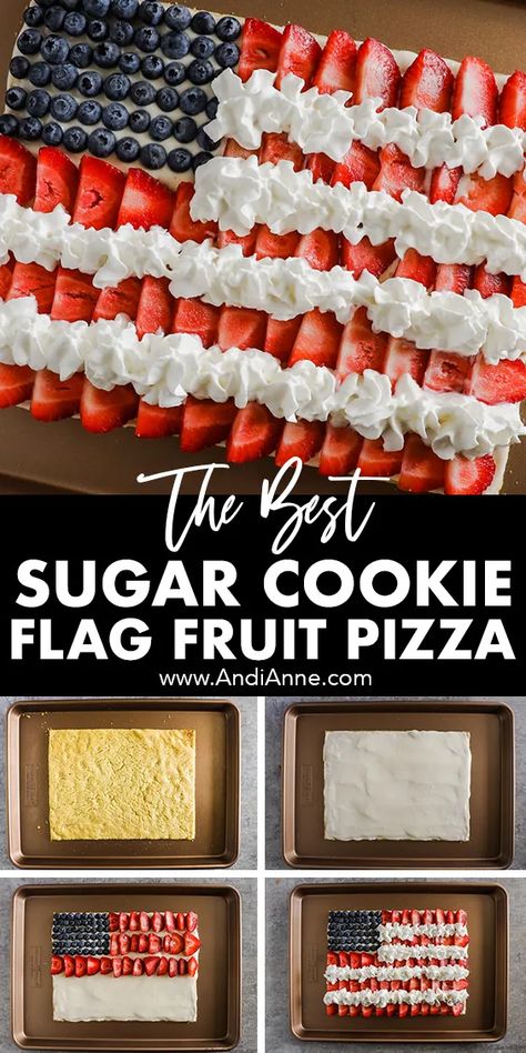 This easy-to-make American flag fruit pizza is perfect for a Fourth of July celebration, or backyard BBQ. I love cream cheese, fruit, and whipped cream frosting on a sugar cookie crust. Sugar Cookie Flag Fruit Pizza, Pillsbury Fruit Pizza, American Flag Fruit Pizza, American Flag Dessert, Flag Fruit Pizza, Easy Dessert Pizza, Flag Desserts, Pillsbury Sugar Cookie Dough, Fruit Pizza Crust