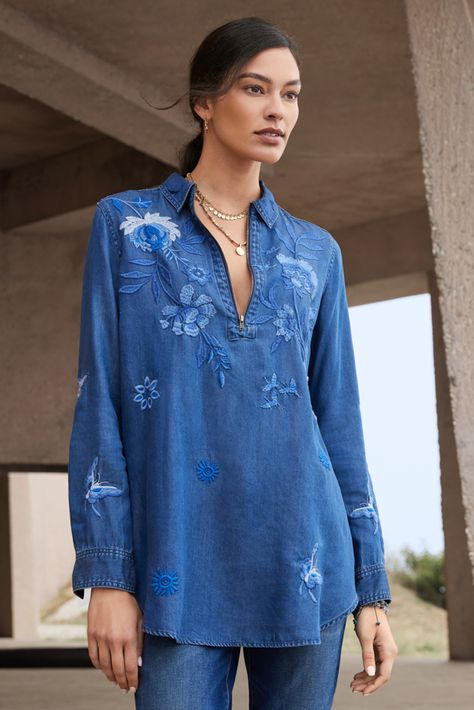 Linen Shirts Women Tunic Tops, Denim With Embroidery, Shirt Designs For Women Casual, Tone On Tone Embroidery, Denim Coord Set, Embroidered Tops, Stylish Tunic Tops, Co Ords Outfits, Tunics Online