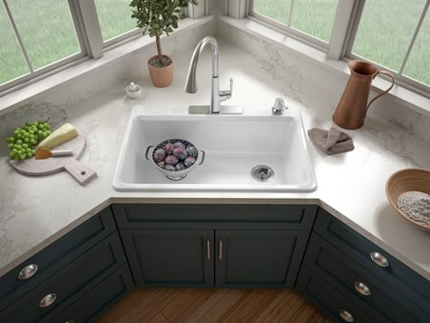 Kraus Kitchen Sink, White Kitchen Sink Drop In, Peninsula Sink Kitchen, Kohler Riverby Undermount Sink, Corner Farmhouse Sink Kitchen, Drop In Apron Front Sink, Corner Sinks In Kitchens, Sink On Top Of Counter, Drop In Sink Kitchen