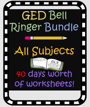 This bundle includes GED bell ringers for all GED subjects: RLA (Reasoning through Language Arts), Science, Math, and Social Studies. Bell ringers are great for review or as lesson starters. Forty days worth of worksheets included Ged Practice Worksheets, Teaching Ged Classes, Ged Lesson Plans, Ged Science Notes, Free Ged Study Guides, Ged Math, Bell Ringers, Grammar Practice, Fun Worksheets