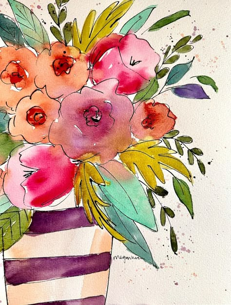 Original Watercolor Floral Painting, Watercolor Painting of Flowers, Watercolor Artwork, beautiful Life 9x12 - Etsy Ink And Wash Watercolors, Watercolor Vases, Watercolor Flower Bouquet, Beginner Watercolor, Canvas Watercolor, Watercolor Flower Prints, Painting Of Flowers, Diy Watercolor Painting, Loose Watercolor