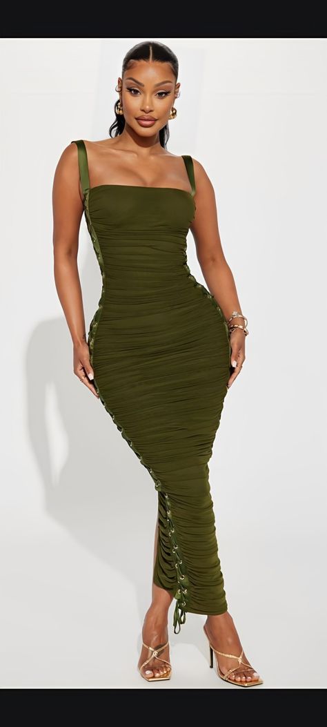 Tied Maxi Dress, Yodit Yemane, 3x Fashion, Curvy Casual Outfits, Olive Fashion, Mesh Gown, Fashion Nova Outfits, Pink Olive, Olive Green Dresses