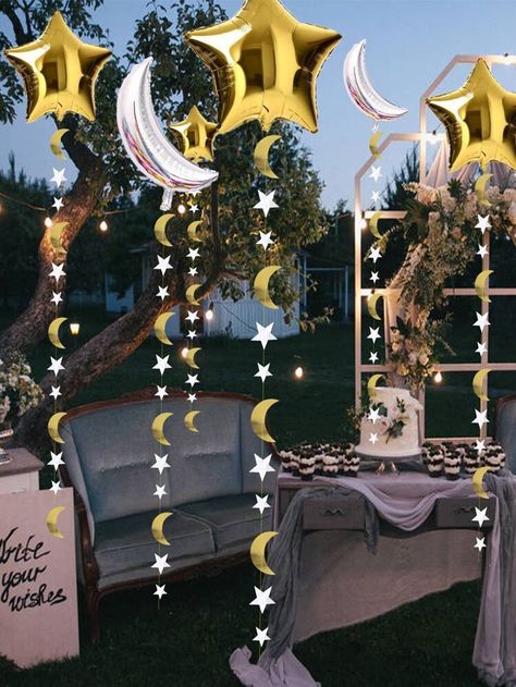 Stars Decorations Party, Moon Theme Party Decor, Star Birthday Party Ideas Decoration, Outerspace Party Ideas, Moon And Stars Party Decorations, Moon And Stars Theme Party, Full Moon Party Ideas, Moon Decorations Party, Stars Birthday Theme