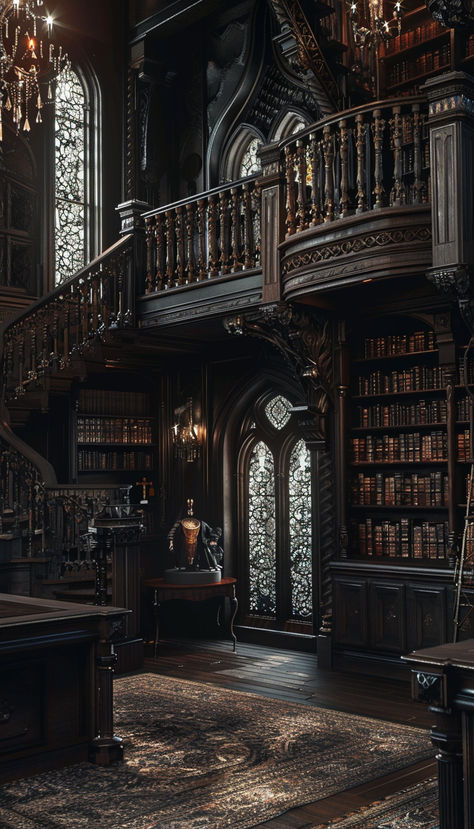 Bookshelf, chandelier, window, table inspo for our moody library Gothic Library Decor, Witch Library Aesthetic, Bookshelf Aesthetic Dark, Gothic Library Aesthetic, Dark Library Room, Goth Library, Dark Bookshelf, Gothic Bookshelf, Witch Library