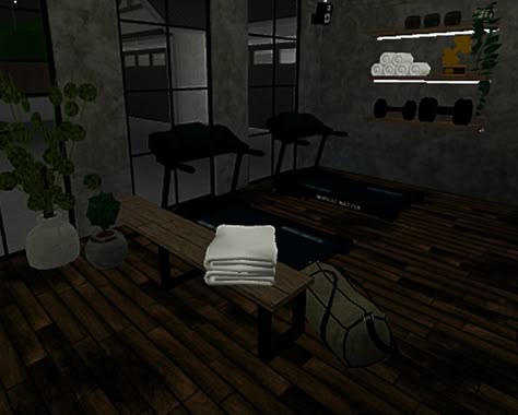 Bloxburg Basement Ideas Aesthetic, Bloxburg Meditation Room, Bloxburg Room Ideas Office, Gym Build Bloxburg, Bloxburg Fitness Room, Bloxburg Gym Ideas Exterior, Bloxburg Workout Room Ideas, Spa Room Bloxburg, Bloxburg Home Theater