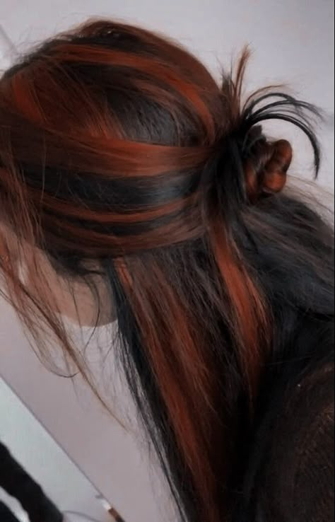 Hair With Orange Highlights, Dark Hair Color Blocking, Dyed Hair For Brown Skin Tone, Copper Calico Hair, Red Hair Black Peekaboo, Black And Orange Highlights, Brown Hair With Orange Streaks, Medium Length Hair Dye Ideas, Red Hair With Brown Undertones