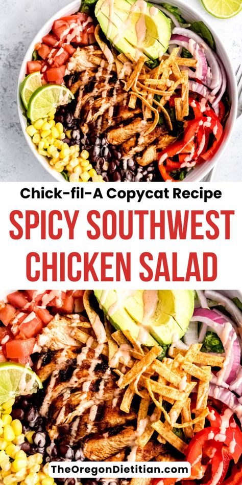 Try this ultimate Spicy Southwest Chicken Salad recipe, a Chick-fil-A favorite you can now enjoy at home! Featuring juicy grilled spicy chicken breast, fresh greens, black beans, corn, cherry tomatoes, red onion, avocado, and tortilla strips all topped with a spicy southwest salad dressing. Even better this delicious healthy spring salad comes together in just 30 minutes making it the perfect meal for any day. #springsalad #southwestsalad Southwest Salad With Chicken, Spicy Southwest Salad Chick Fil A, Healthy Southwest Salad, Healthy Southwest Chicken Salad, Chick Fil A Southwest Salad Recipe, Salad Recipes Southwest, Spicy Southwest Chicken, Southwest Grilled Chicken, Southwest Salad Dressing