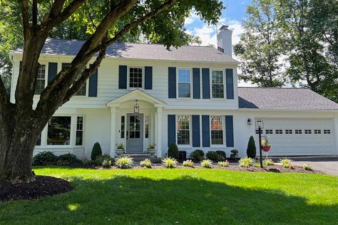 Portico Colonial, Colonial House With Front Porch, Portico Addition, Garrison Colonial Exterior, Colonial Portico, Brick And Siding Exterior, House With Front Porch, Garrison Colonial, Garrison House