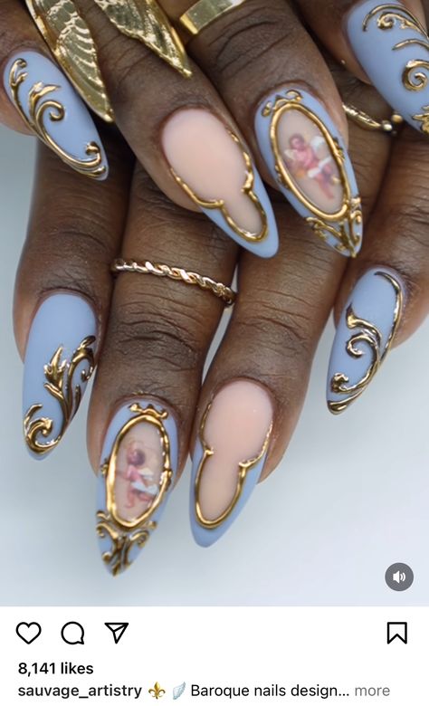 Angelic Nail Designs, Aura And French Nails, Ornate Nail Designs, Cameo Nail Art, Cute Nail Ideas With Charms, Birth Of Venus Nails, Medusa Nails Art, Marie Antoinette Inspired Nails, Virgo Bday Nails