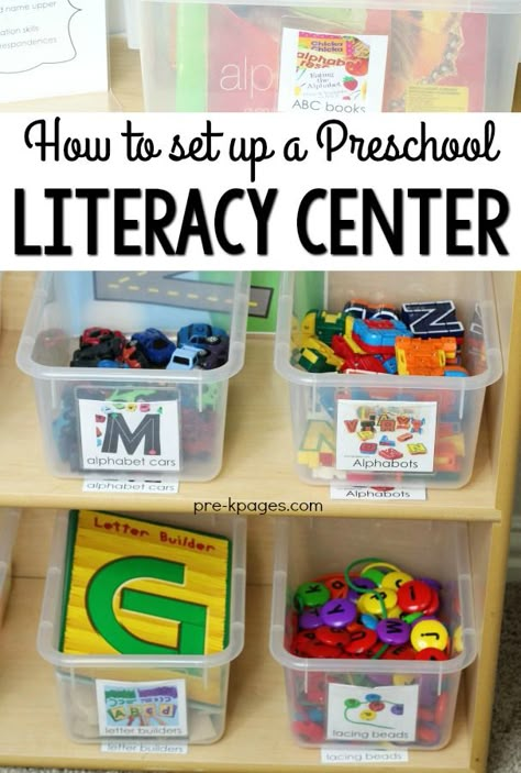 Preschool Library Center, Writing Center Preschool, Preschool Literacy Centers, Preschool Set Up, Preschool Classroom Setup, Preschool Library, Prek Literacy, Abc Centers, Alphabet Centers