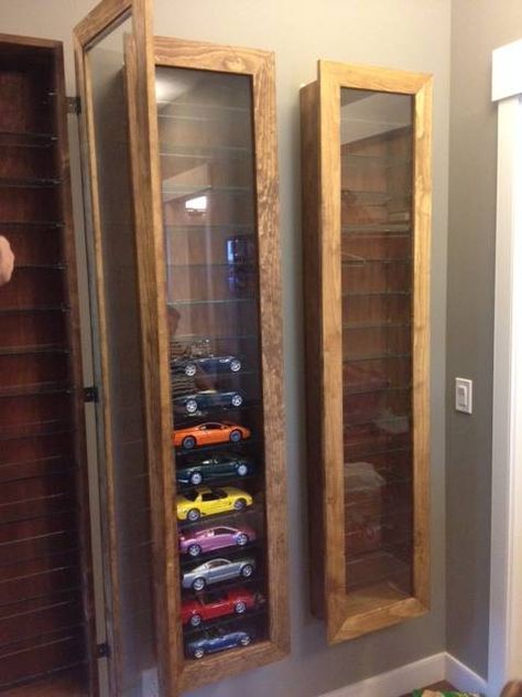 To secure the top we did the same thing. Pre drilled Matchbox Display, Display Cabinet Diy, Diecast Display, Diecast Cars Display, Diy Display, Ac Cobra, Organized Living, Wood Display, Cabinet Styles