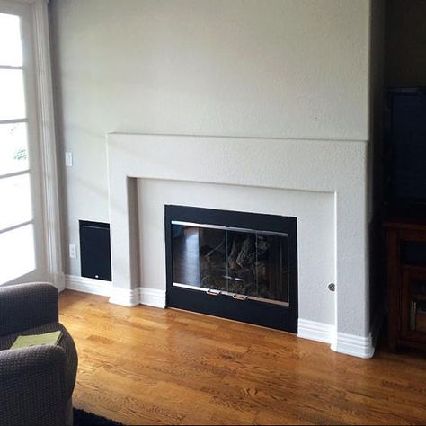 An awkward drywall pop-out surrounding this firebox was a poor excuse for a mantel. Tucked into a corner, with no eye-catching features, the fireplace seemed like a bit of a waste, especially given the natural light afforded by the adjacent window. With a plan for a new mantel and a few design tweaks, this fireplace makeover was ready to roll. Farmhouse Mantel Decor, Modern Farmhouse Fireplace, Antique Fireplace Mantels, Red Brick Fireplaces, Farmhouse Mantel, Fireplace Facade, Small Fireplace, Fireplace Mantel Decor, Farmhouse Fireplace