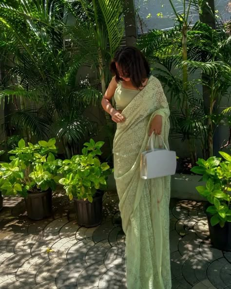 Green Saree Asthetic, Green Sari Aesthetic, Sage Indian Outfit, Desi Aesthetic Outfit Saree, Farewell Saree Inspo Aesthetic, Green Saree Outfit, Green Sari Look, Pastel Colour Saree For Farewell, Sage Green Indian Outfit