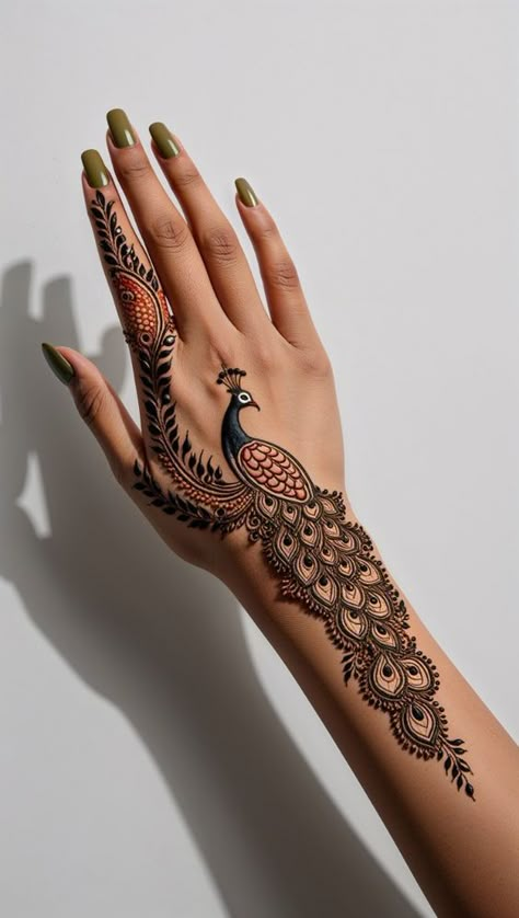 This stunning peacock-inspired mehndi design elegantly flows across the back of the hand, embodying beauty, grace, and cultural symbolism. The intricate detailing of the feathers and the playful contrasts of henna shades create a mesmerising visual effect. Perfect for festive celebrations or weddings, this design combines traditional artistry with a modern, minimalist touch. The bold use of negative space ensures the peacock’s elegance remains the focal point, making it a showstopper on any occasion. Nice Henna Designs Simple, Front Hand Arabic Mehndi Designs Latest, Mehendi Designs For Hands Unique Indian Weddings, Traditional Mehndi Design, Marudhani Designs Traditional, Mhendi Design Unique Latest Simple, Mehandi Designs Aesthetic, Mehandi Designs For Hands Unique, Trending Mehandi Designs