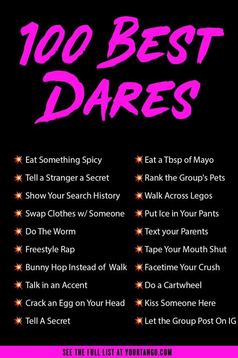 Best Dares, Dare Ideas, Truth Dare, Funny Truth Or Dare, Funny Dares, Teen Sleepover Ideas, Good Truth Or Dares, Fun Dares, Fun Sleepover Games