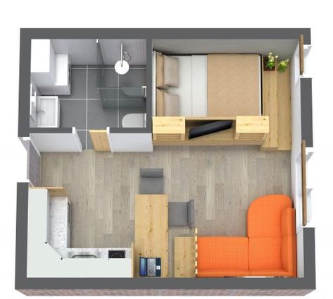 Studio Apartment With Clever Storage Studio Apartment Plans, Apartment With Fireplace, Tiny Home Layout, Studio Apartment Plan, Modern Studio Apartment, Small Apartment Floor Plans, Small Apartment Plans, Studio Apartment Floor Plans, Apartemen Studio