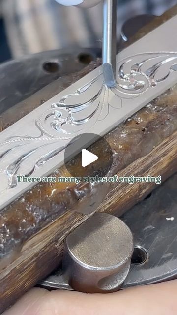 Kelly McRae Silver on Instagram: "It’s important to know that there are many many different styles of Engraving, and they are intended for different uses. The type of Engraving that you see here is called western bright cut, it is intended to be used in silver because the style of cuts are made with a highly polished graver that creates these beautiful shiny cuts that reflect light. They can be cut big and bold or very dainty.  When you are learning to engrave any style of Engraving , I believe you should focus in on one and get a thorough understanding of that style before you move on to learning another style to avoid confusion. Although a lot of the basics will transfer over from one style to the other, they are basically like speaking two different languages.   Not all engravers learn Metal Engraving Designs, Silver Brass Jewelry With Engraving Option, Antique Engraved Metal Jewelry, Antique Silver Engraved Brass Jewelry, Ornate Engraved Brass Jewelry, Western Engraving, Metal Engraving Tools Jewelry Making, Metal Engraving Tools, Scroll Engraving