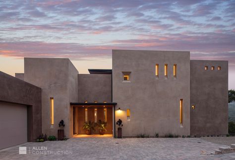 This contemporary fire resistant home designed by architect Bob Pester with Burnell, Branch  Pester Architecture, was built after the original A-frame, hillside home was destroyed by wildfire. For more information please visit us at www.houzz.com/projects/53354/Sycamore-Canyon-Contemporary. Cement House, Desert Architecture, Concrete Homes, Olive Avenue, Concrete Houses, Concrete Architecture, Adobe House, Contemporary Exterior, Concrete Home